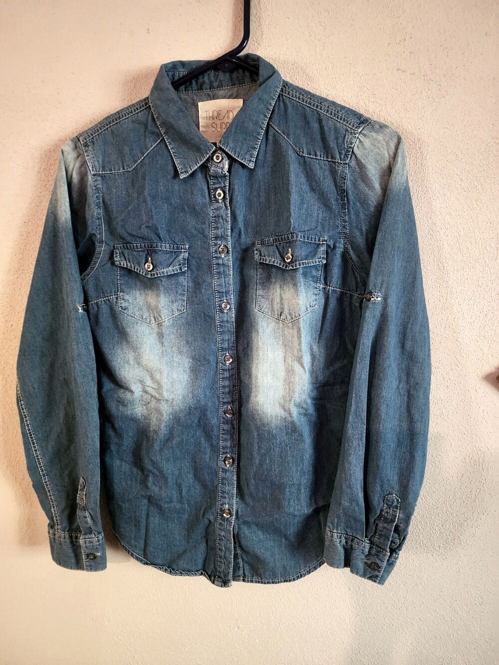 Thread Supply Blue Acid Wash Denim Western Cowgirl Shirt Womens Indie Medium Top